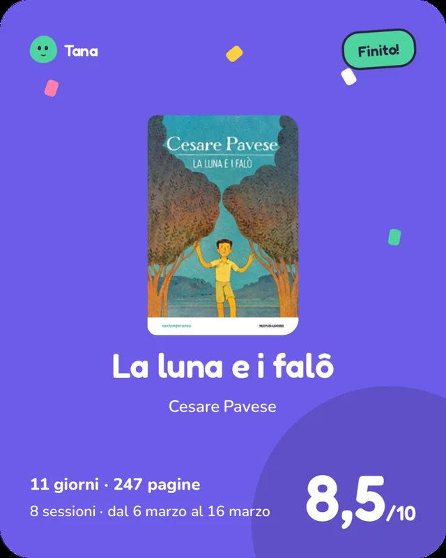 Card di un libro finito: La luna e i falò, 8,5 su 10.