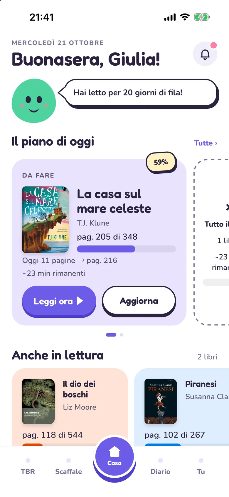 La Casa di Tana con il libro in lettura, il piano di oggi e Pip.