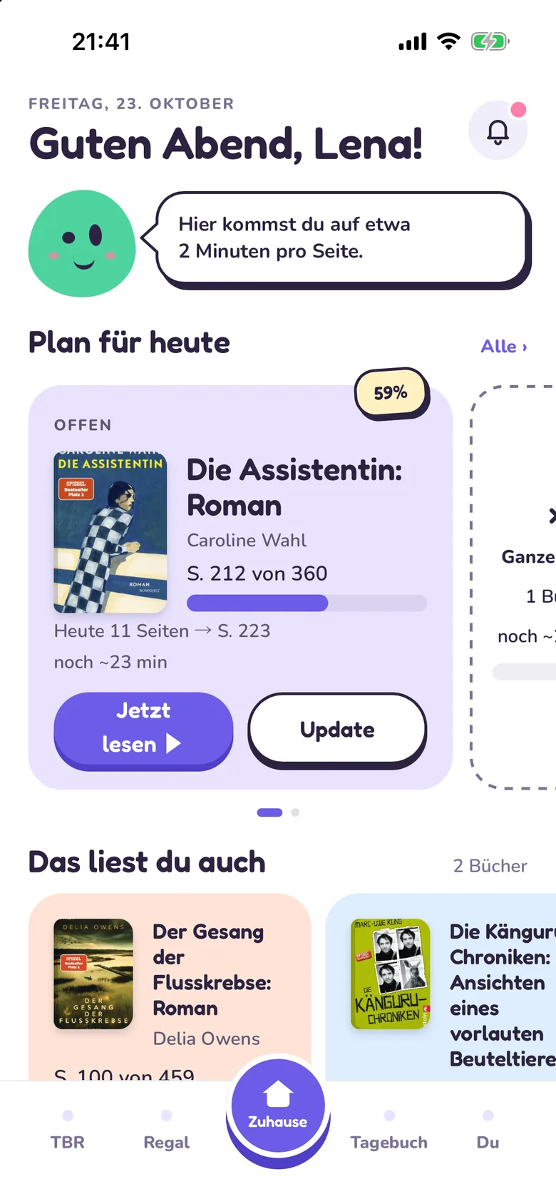 Das Zuhause von Tana mit dem aktuellen Buch, dem Plan für heute und Pip.
