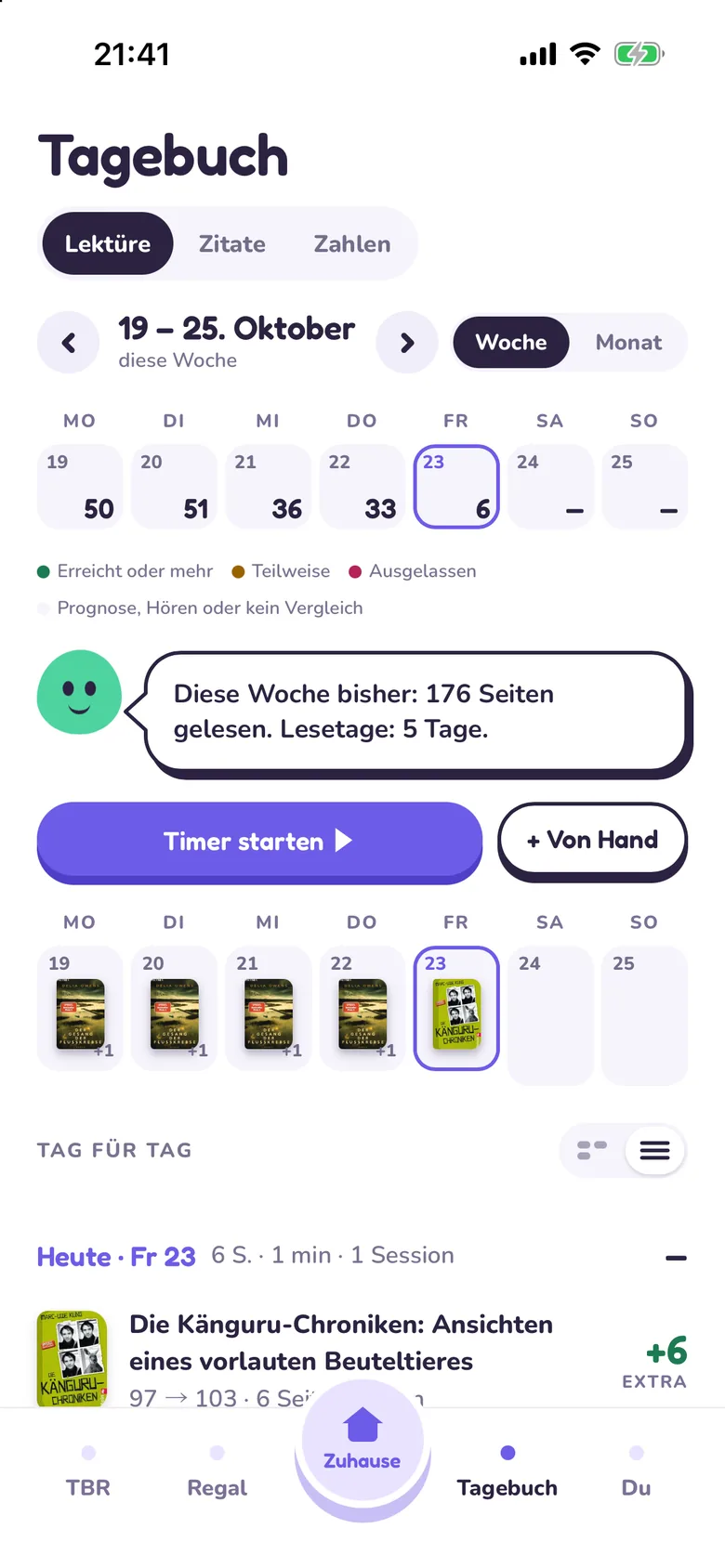 Das Tagebuch von Tana mit den Lesesessions der Woche.