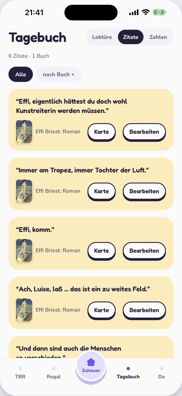Die gespeicherten Zitate in Tana, mit den Schaltflächen Karte und Bearbeiten.