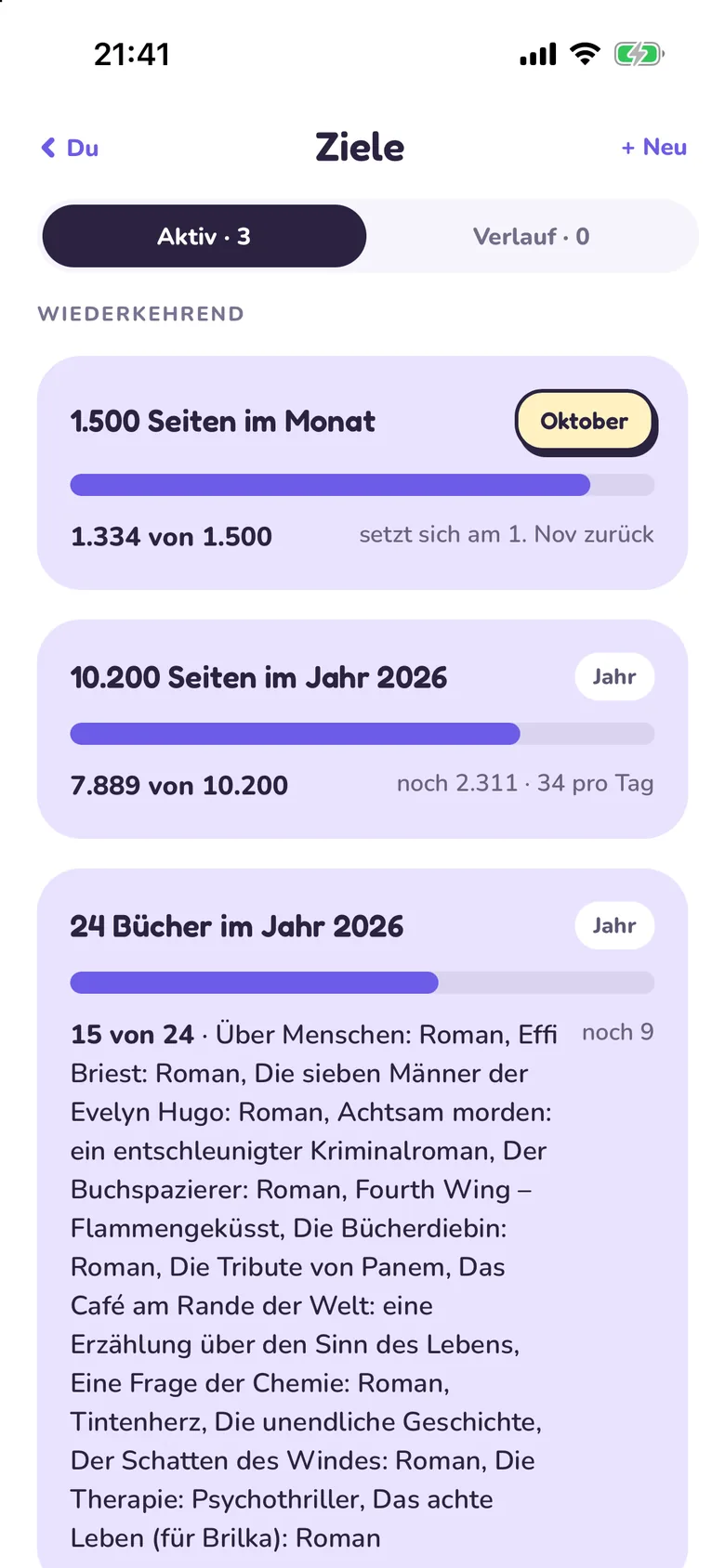 Leseziele in Tana mit dem Fortschritt des Monats und des Jahres.