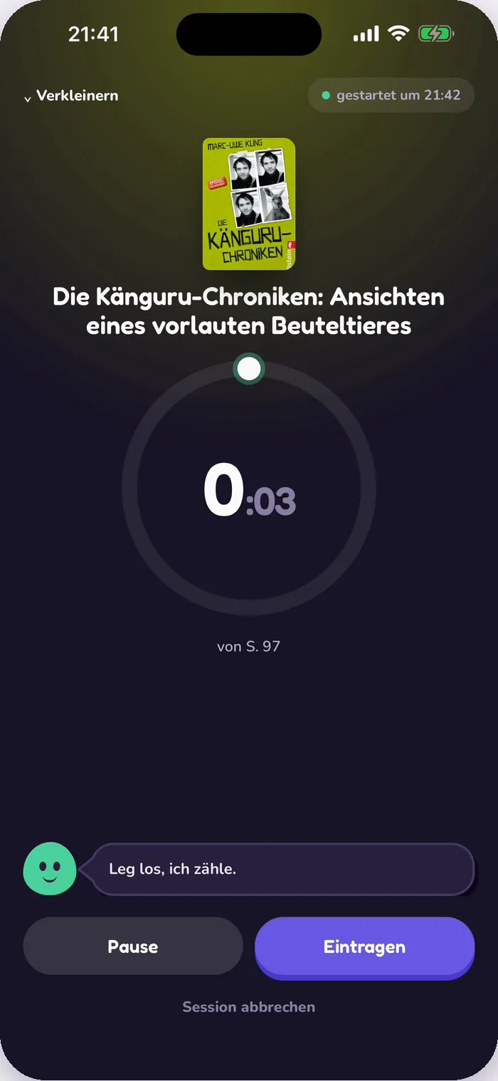 Der Timer von Tana während einer Lesesession von „Die Känguru-Chroniken“.