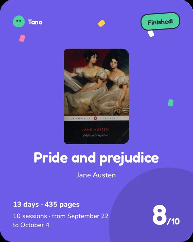 Finished book card: Pride and prejudice, 8 out of 10.
