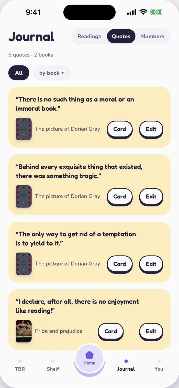 Saved quotes in Tana, with the Card and Edit buttons.