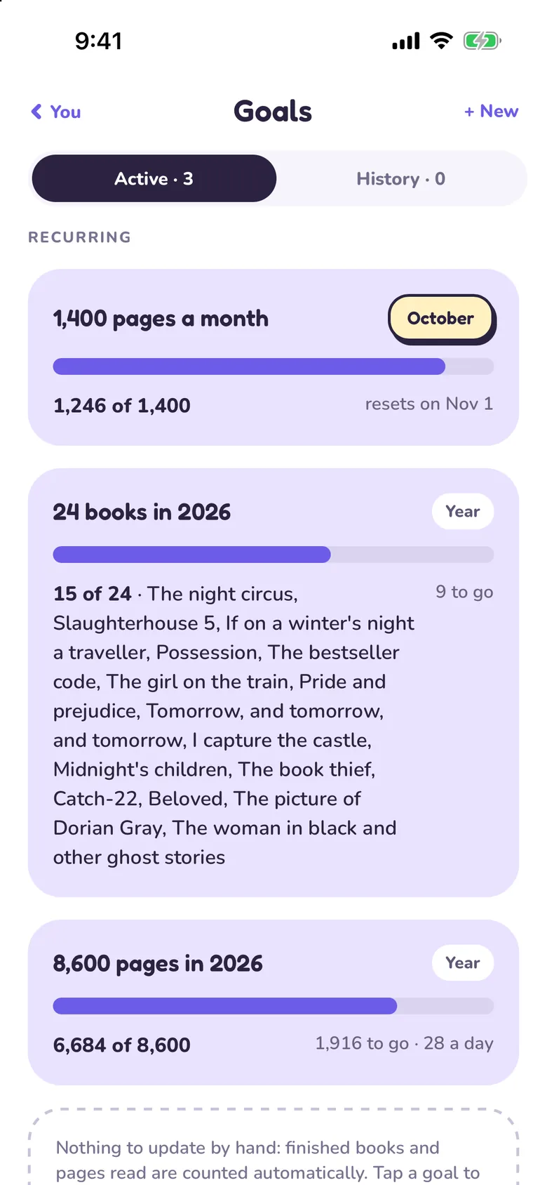 Reading goals in Tana with the progress of the month and the year.
