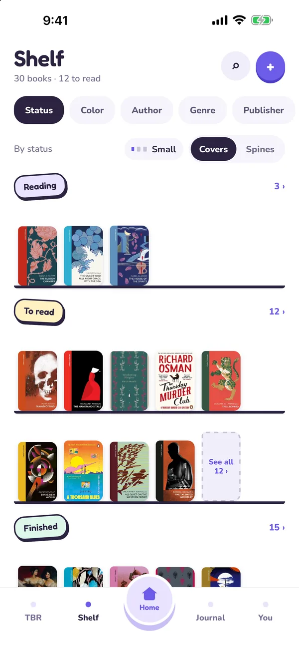 Tana’s Shelf: books shown by their covers or spines, then grouped by color or author.
