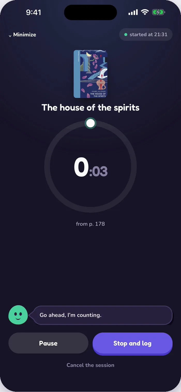 Tana’s timer during a reading session of The house of the spirits.