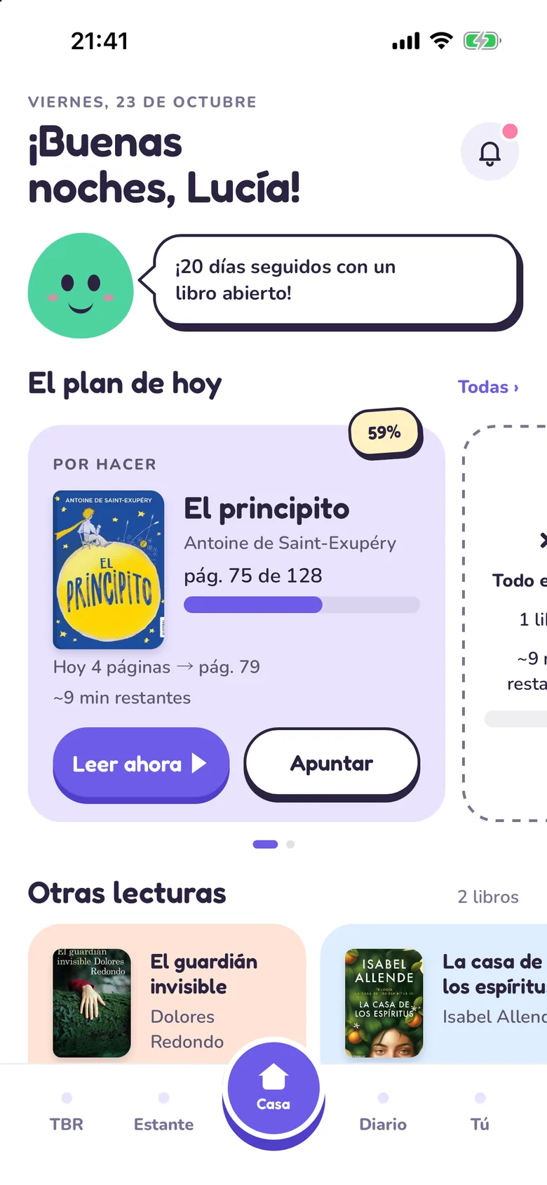 La Casa de Tana con el libro que estás leyendo, el plan de hoy y Pip.