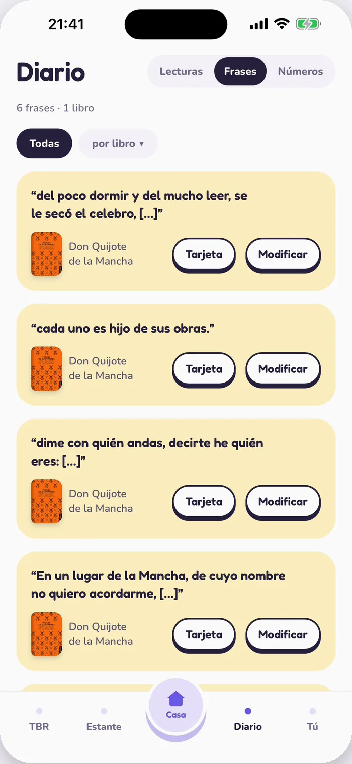 Las frases guardadas en Tana, con los botones Tarjeta y Modificar.