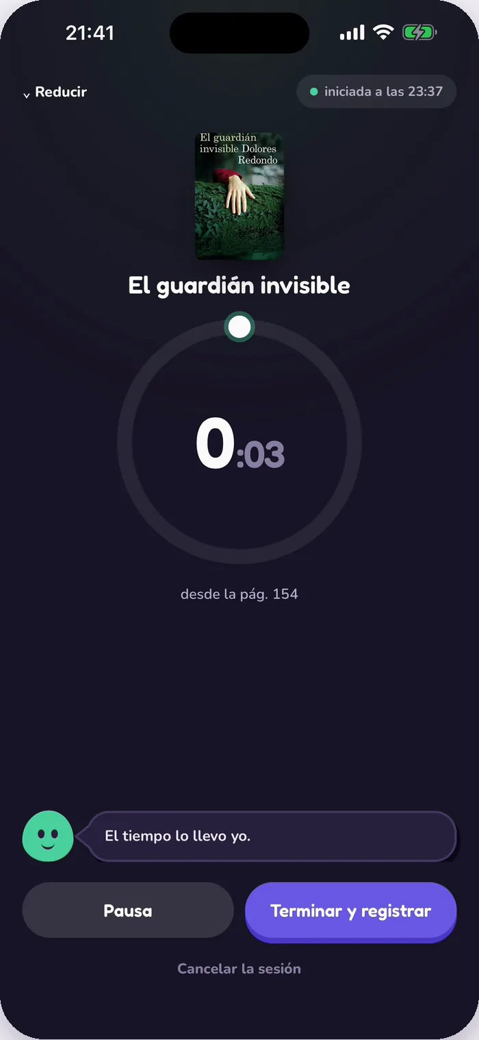 El cronómetro de Tana durante una sesión de lectura de El guardián invisible.