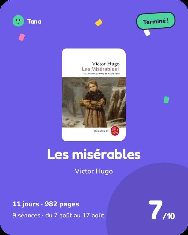 Carte d’un livre terminé : Les misérables, 7 sur 10.