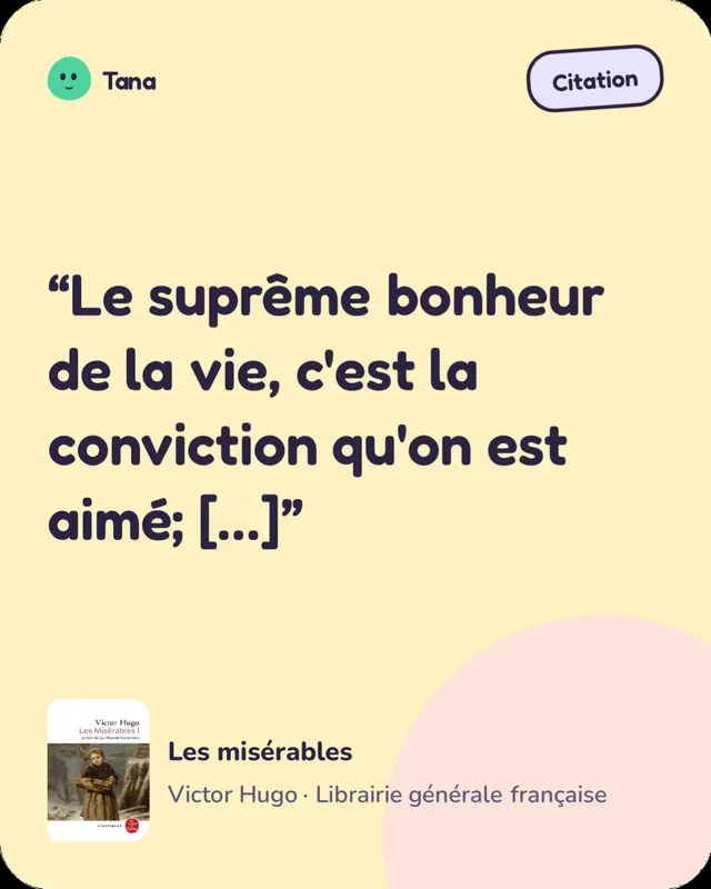 Carte d’une citation sauvegardée des Misérables.