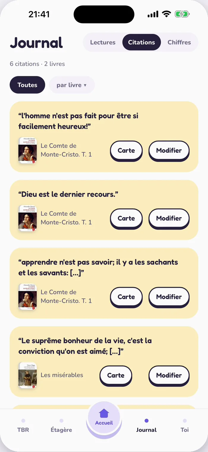 Les citations sauvegardées dans Tana, avec les boutons Carte et Modifier.