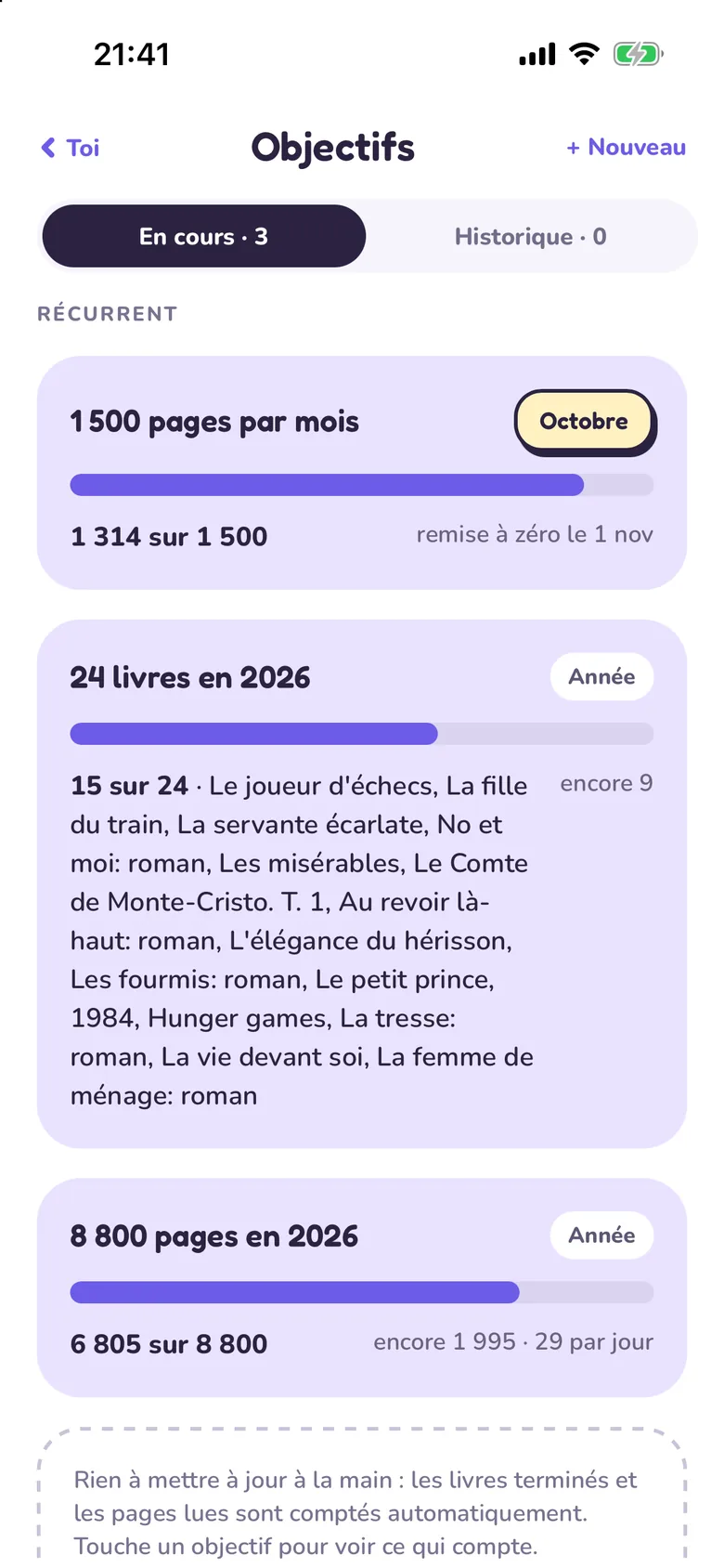 Les objectifs de lecture dans Tana, avec la progression du mois et de l’année.