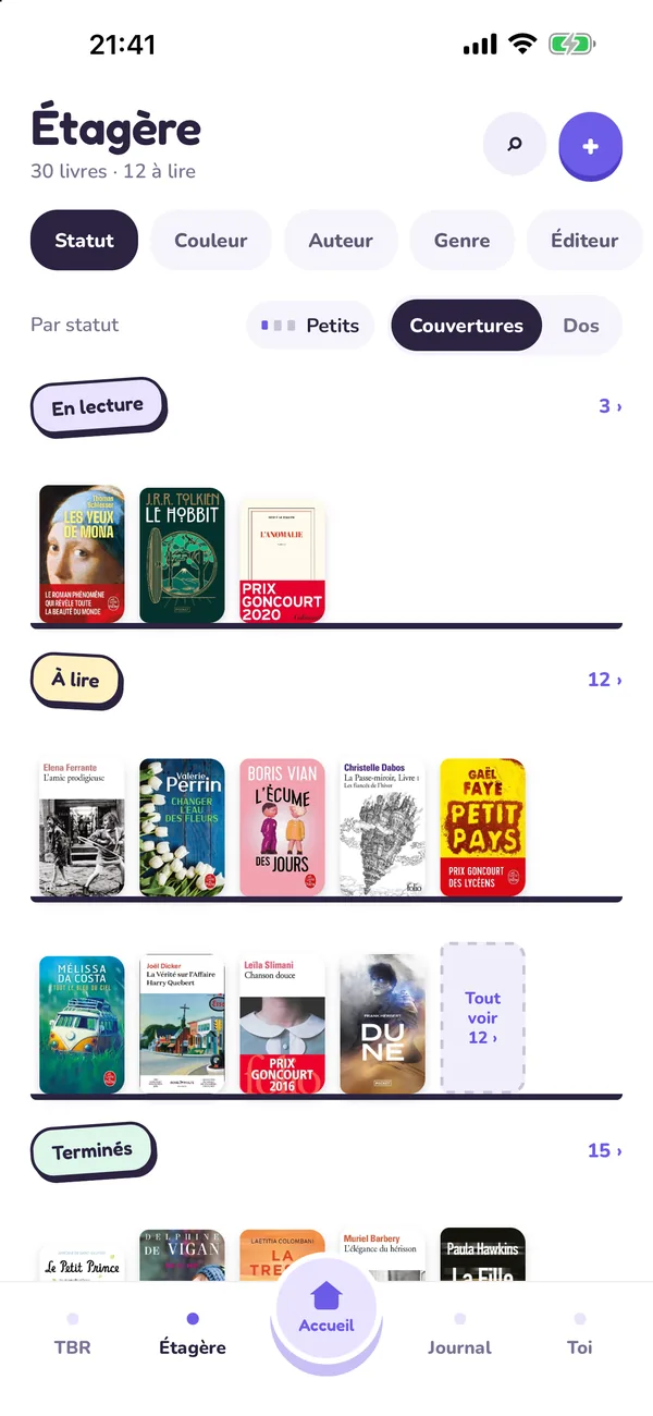 L’Étagère de Tana : les livres sont présentés avec leur couverture ou leur dos, puis regroupés par couleur ou par auteur.