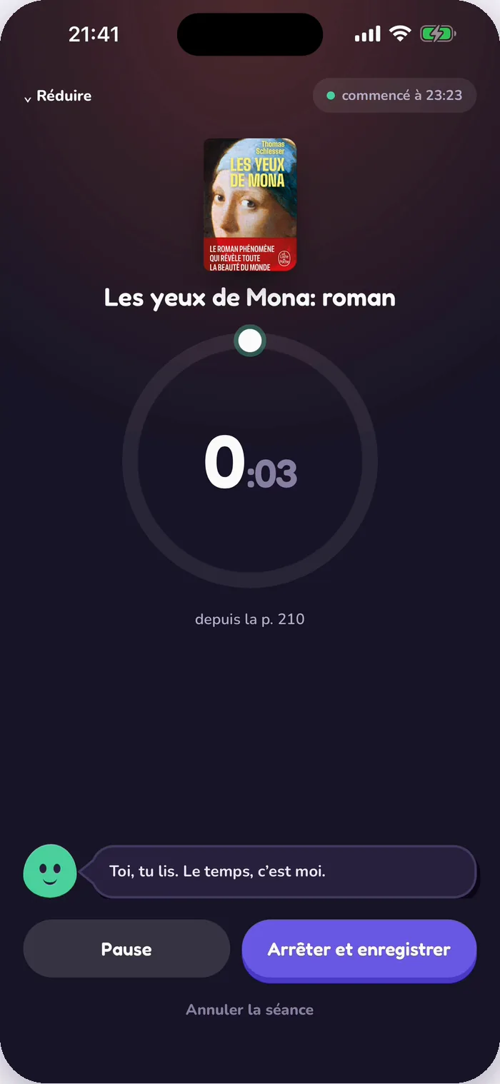 Le chrono de Tana pendant une séance de lecture des Yeux de Mona.