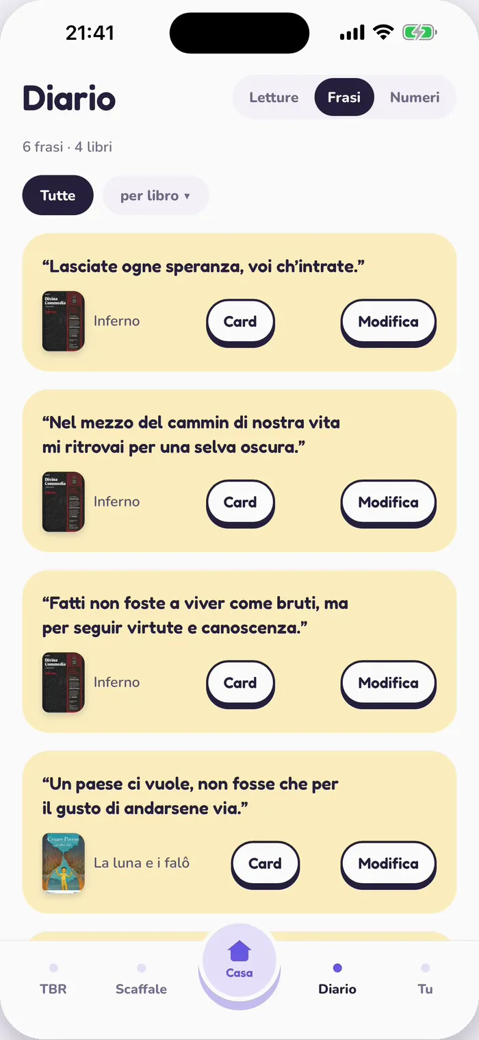 Le frasi salvate in Tana, con i pulsanti Card e Modifica.