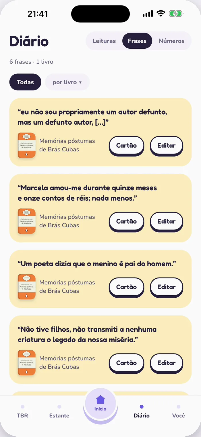 As frases guardadas no Tana, com os botões Cartão e Editar.