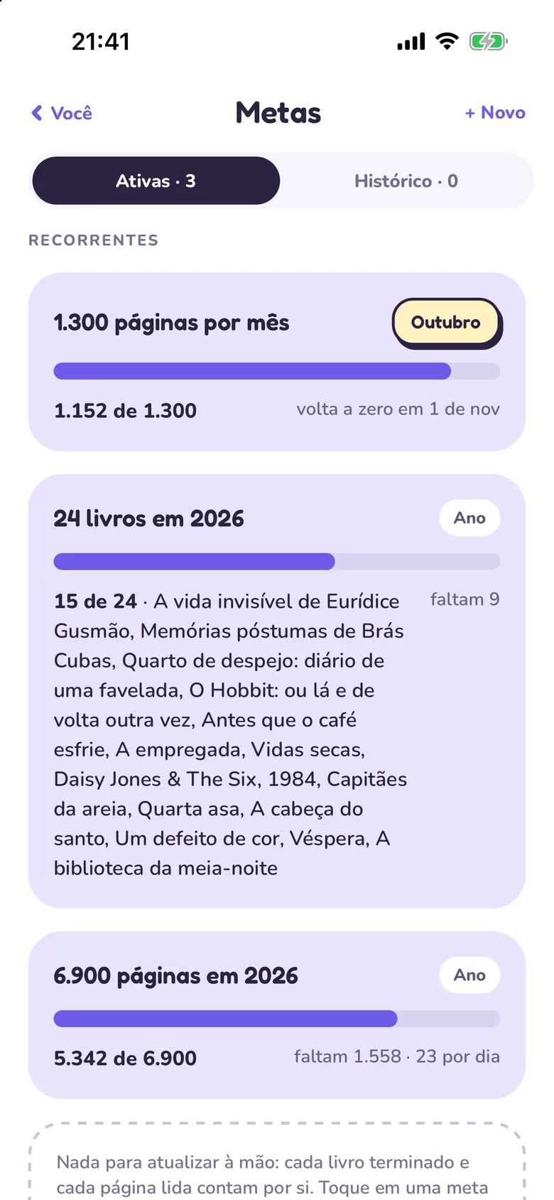 Metas de leitura no Tana com o progresso do mês e do ano.