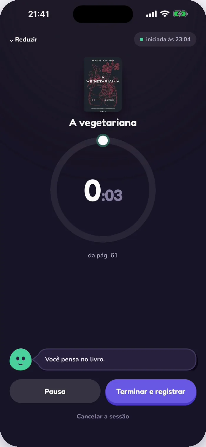 O cronômetro do Tana durante uma sessão de leitura de A vegetariana.