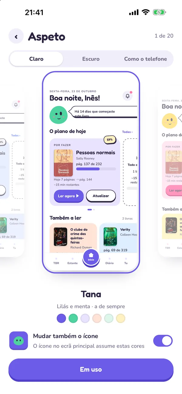 O ecrã Aspeto do Tana, com as paletas para escolher e o modo claro, escuro ou como o telefone.