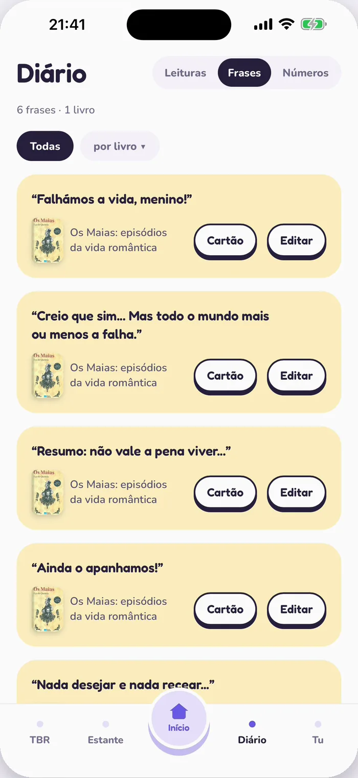 As frases guardadas no Tana, com os botões Cartão e Editar.
