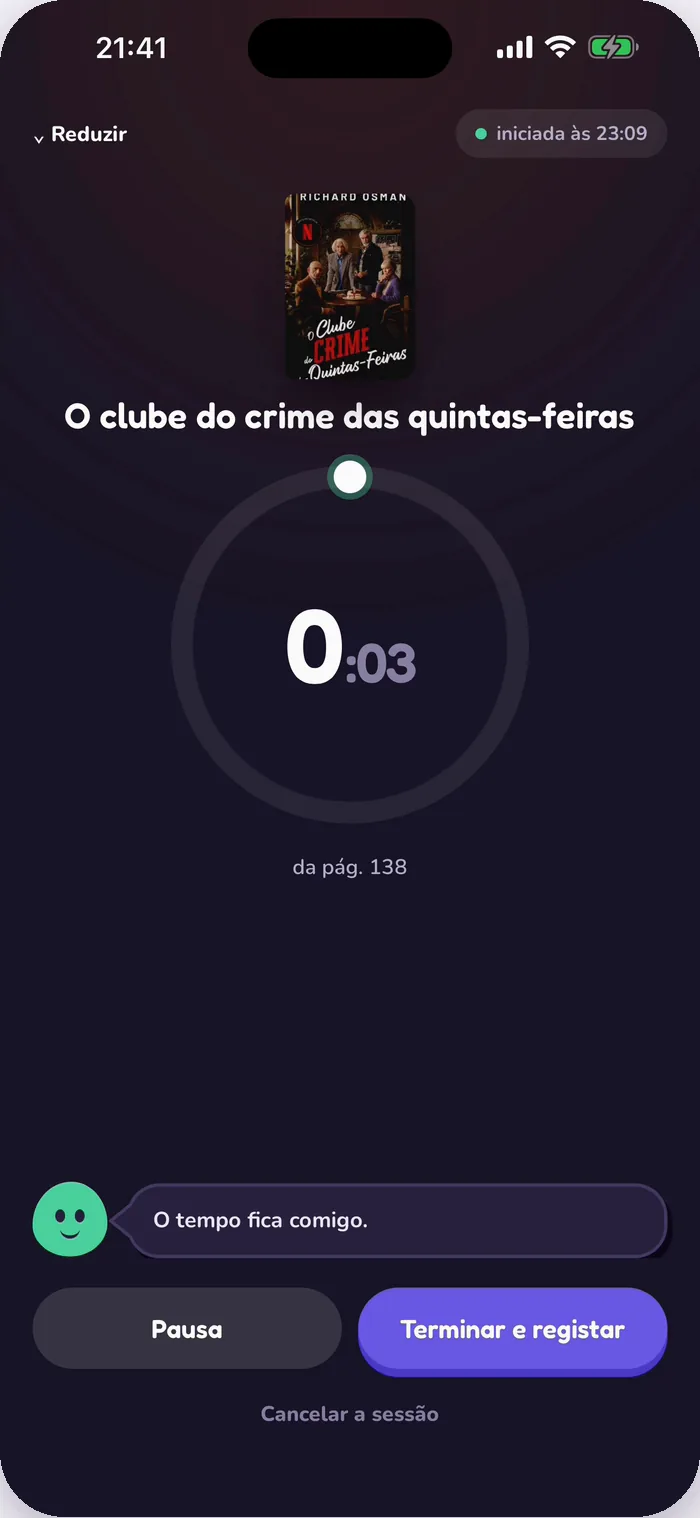 O cronómetro do Tana durante uma sessão de leitura de O clube do crime das quintas-feiras.