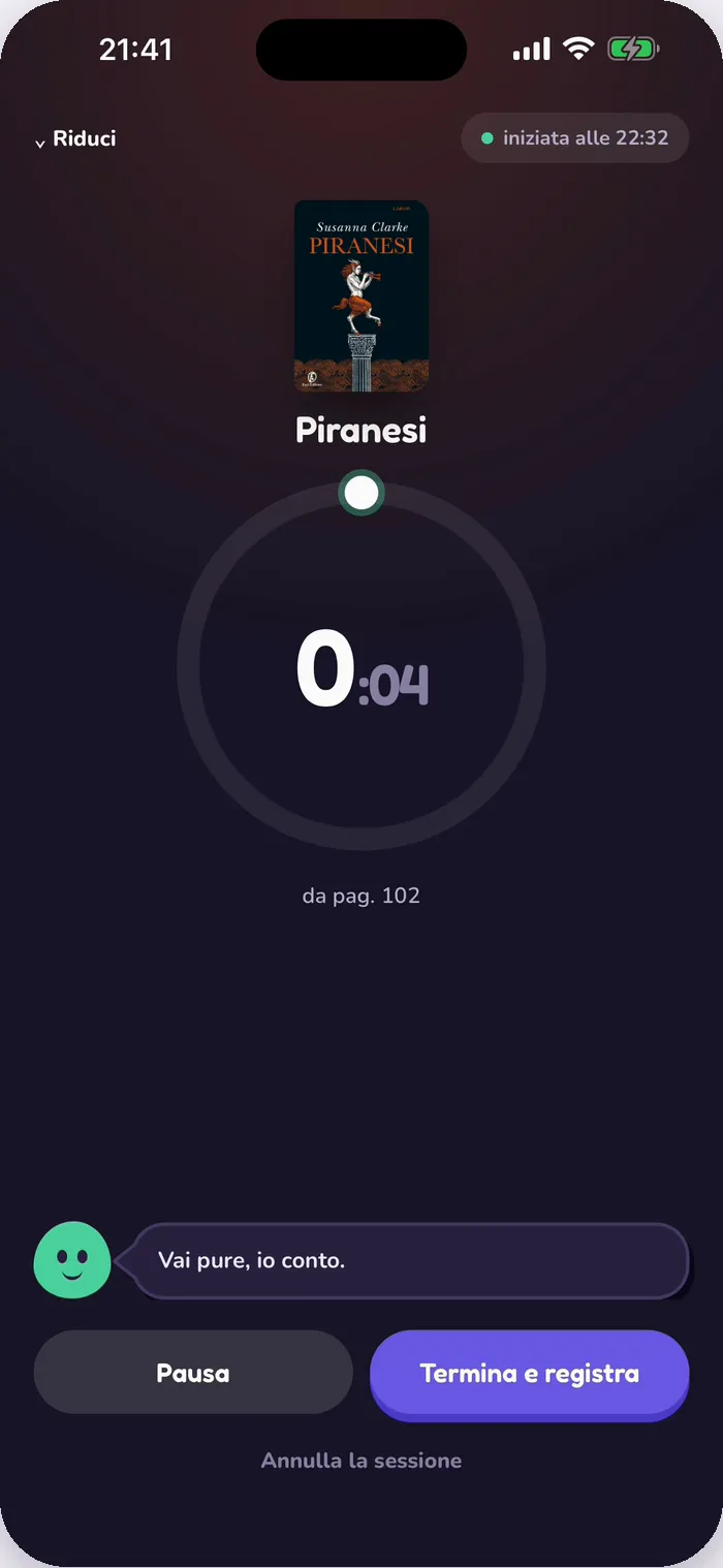Il timer di Tana durante una sessione di lettura di Piranesi.